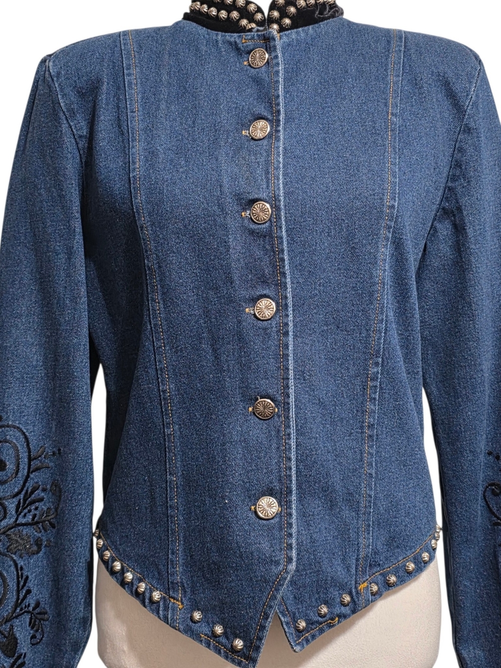 Vintage Gordon James Studded Denim Jacket Embroidered Western Boho Moto L